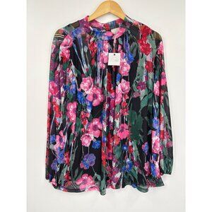 Cupio Floral Mesh Sheer Lined Long Sleeve Blouse Top 2X Red Pink Black NEW